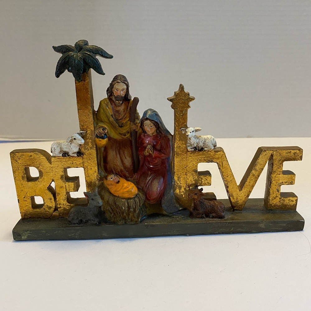 "BELIEVE" Nativity Mary Joseph and baby Jesus Shelf Sitter Christmas Decor Resin